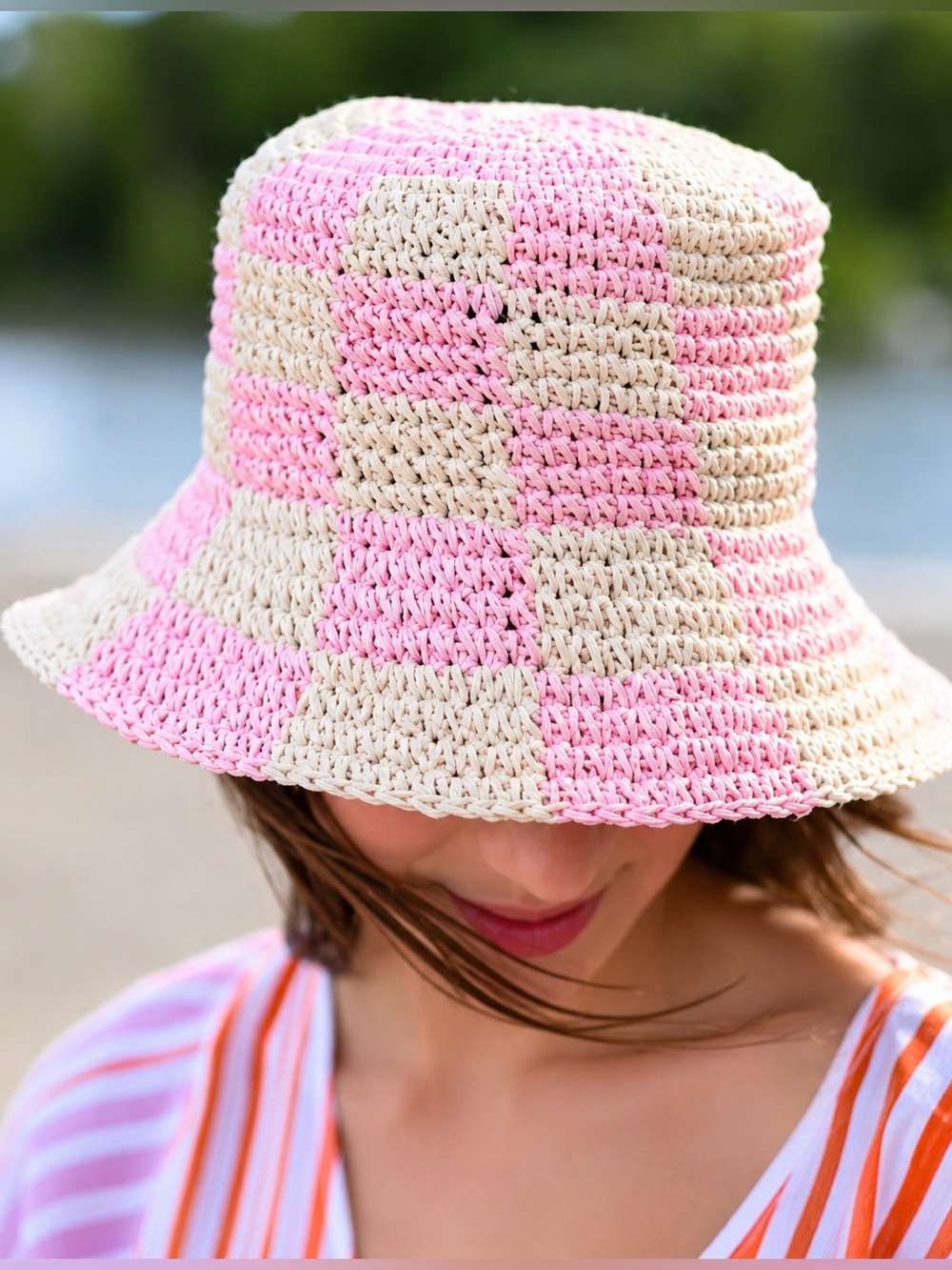 Shiraleah checkered straw bucket hat NWT